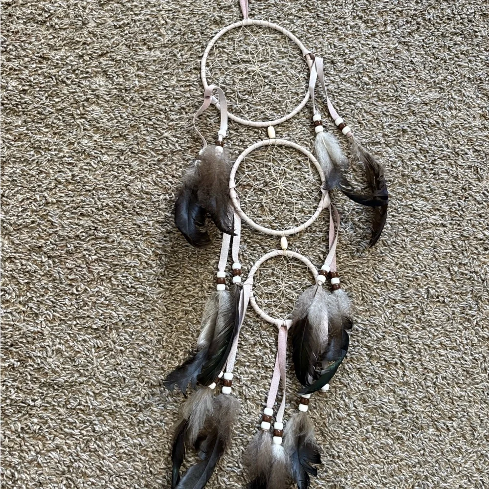 Boho Triple Hoop Dreamcatcher with Feathers - Neutral Tones